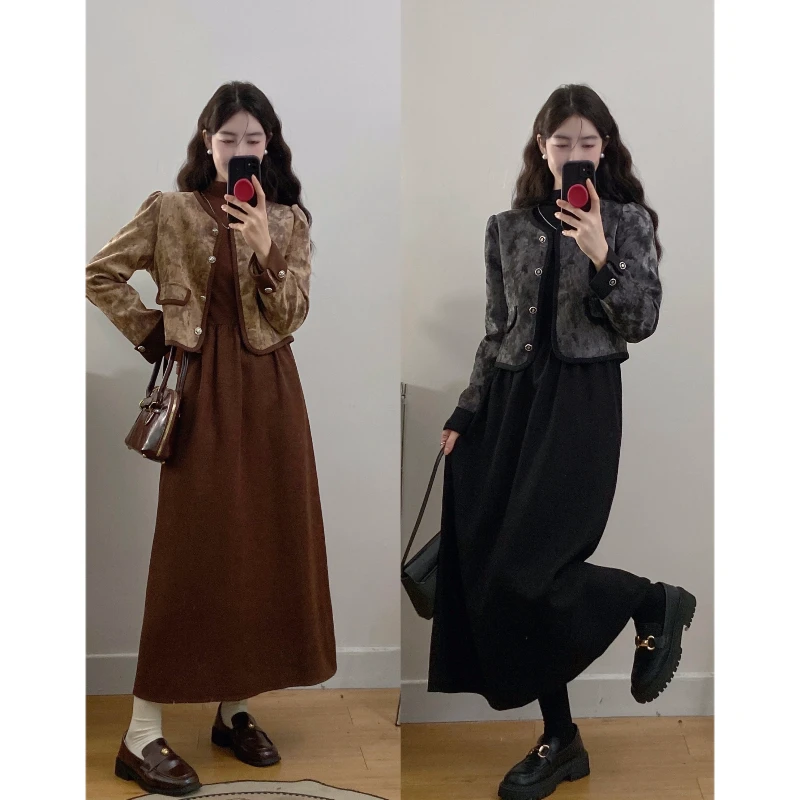 大码半高领连衣裙2024秋冬新款复古轻国风短外套长裙子高级感穿搭
