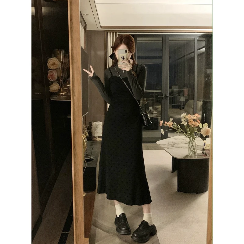 大码女装2024秋季新款法式假两件半高领针织连衣裙显瘦气质长裙子