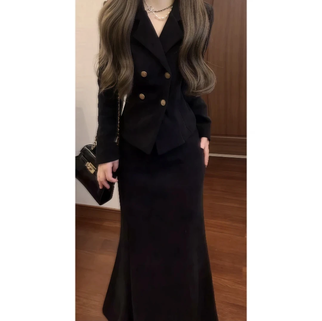 大码曼哈顿夜曲秋冬加绒套装灯芯绒金扣西装外套鱼尾裙洋气两件套