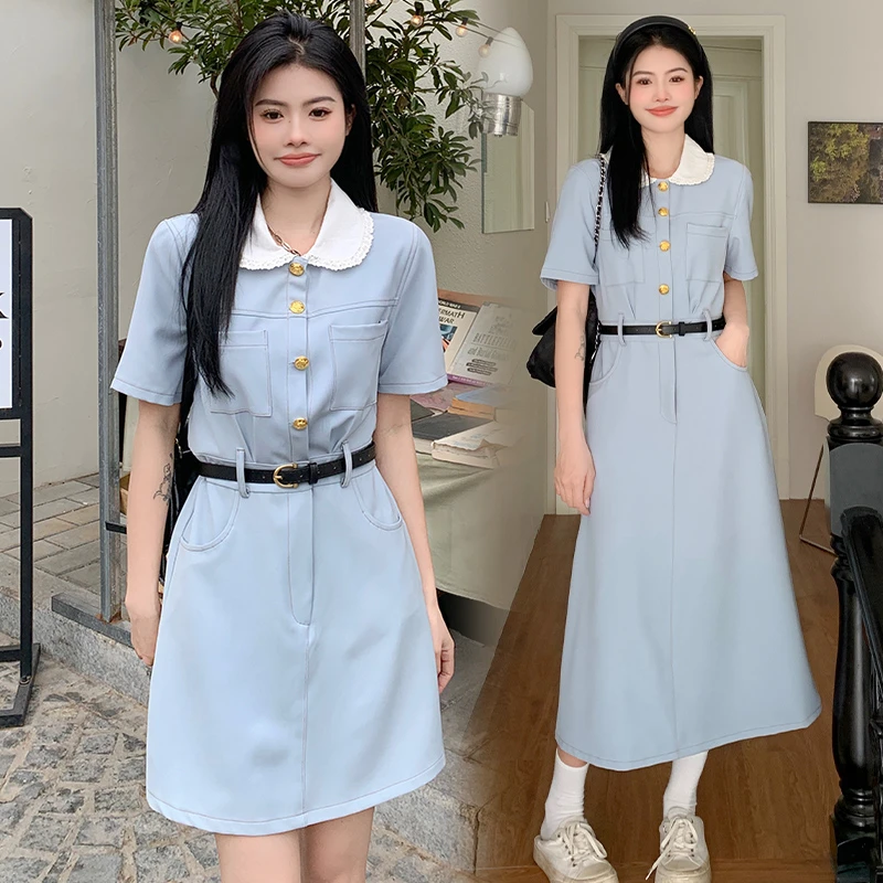 夏季新款百搭娃娃领休闲短袖连衣裙韩版a字纯色裙子女甜美短款