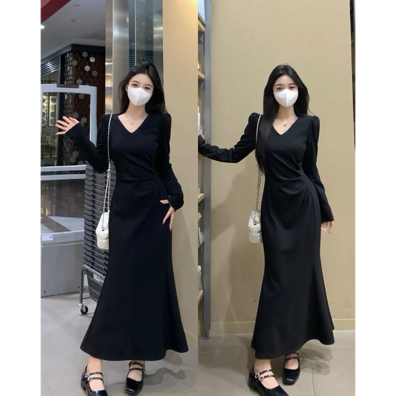 大码女装2025春新款时尚气质高级感V领泡泡袖修身显瘦长袖鱼尾裙