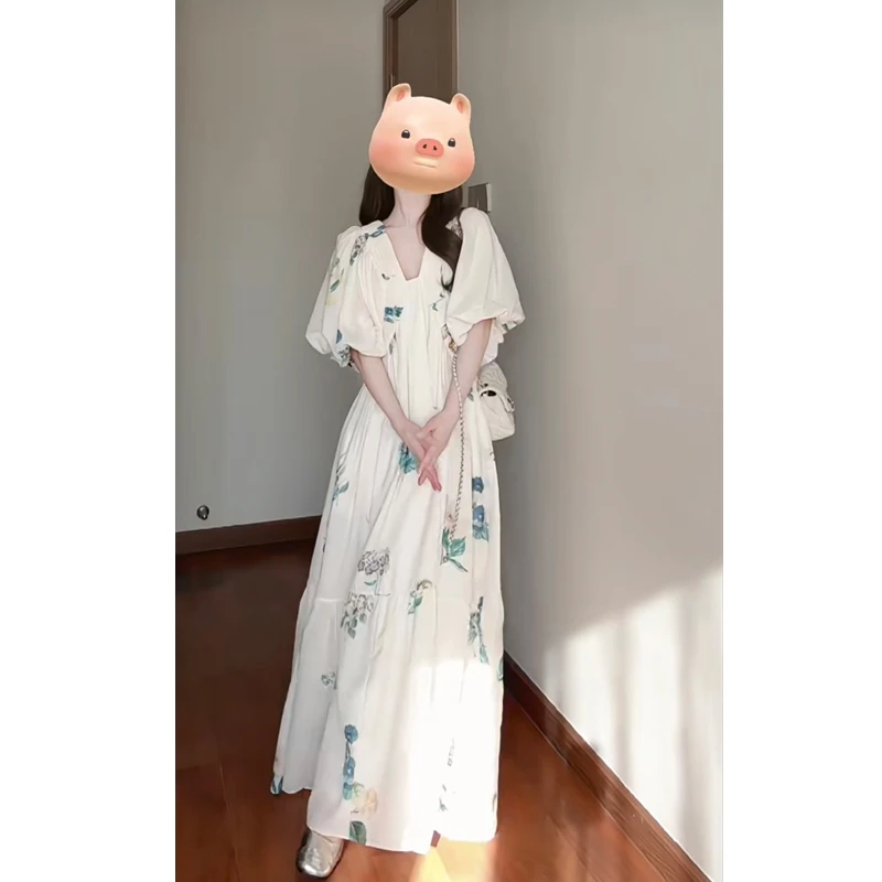 大码女装2025夏季复古V领印花度假风A字大摆裙宽松显瘦长裙连衣裙