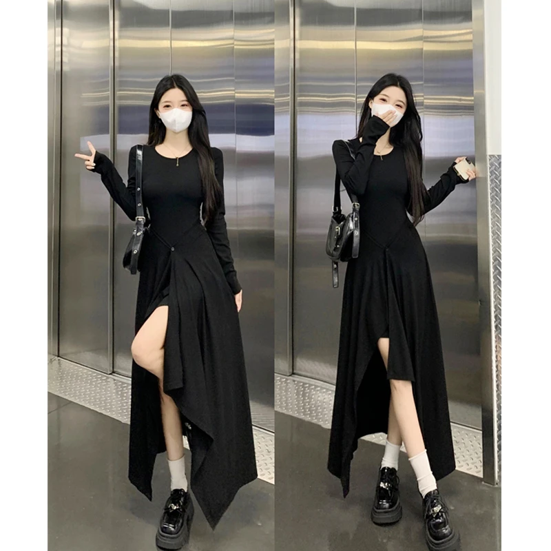 大码秋冬胖MM法式针织连衣裙修身显瘦收腰长袖圆领多穿法中长裙子