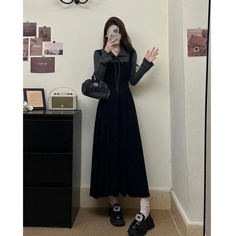 大码女装假两件内搭针织连衣裙女胖MM秋冬新款法式赫本风显瘦长裙