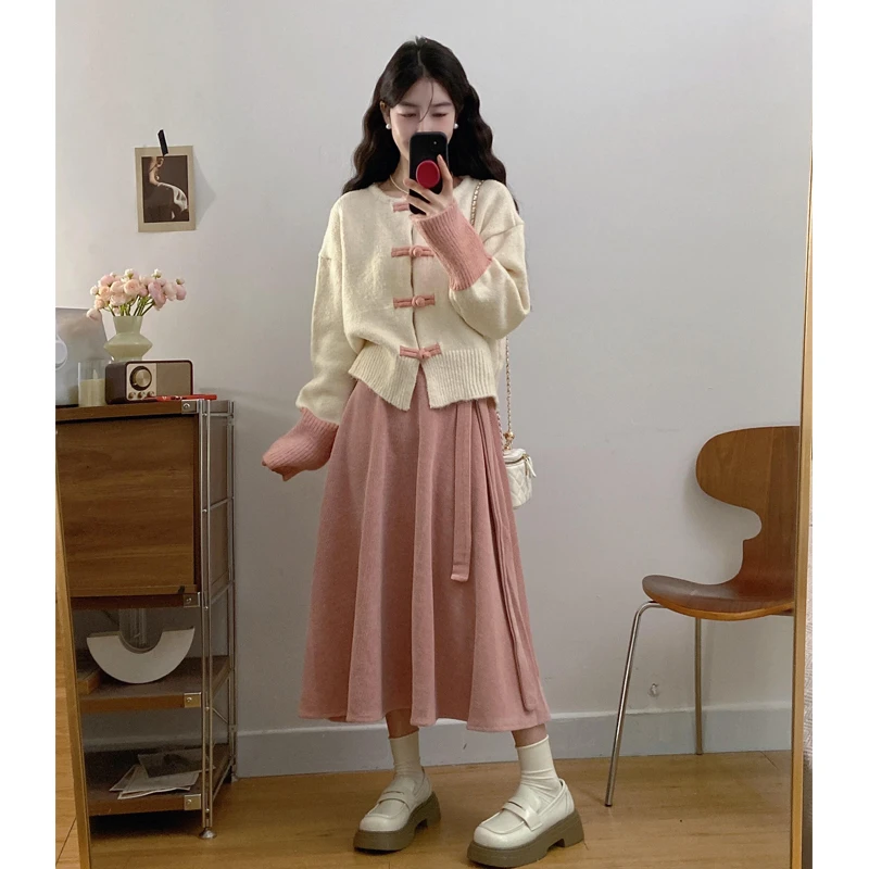 大码胖mm秋冬新中式复古甜美拼接针织衫雪尼尔半身裙气质国风穿搭
