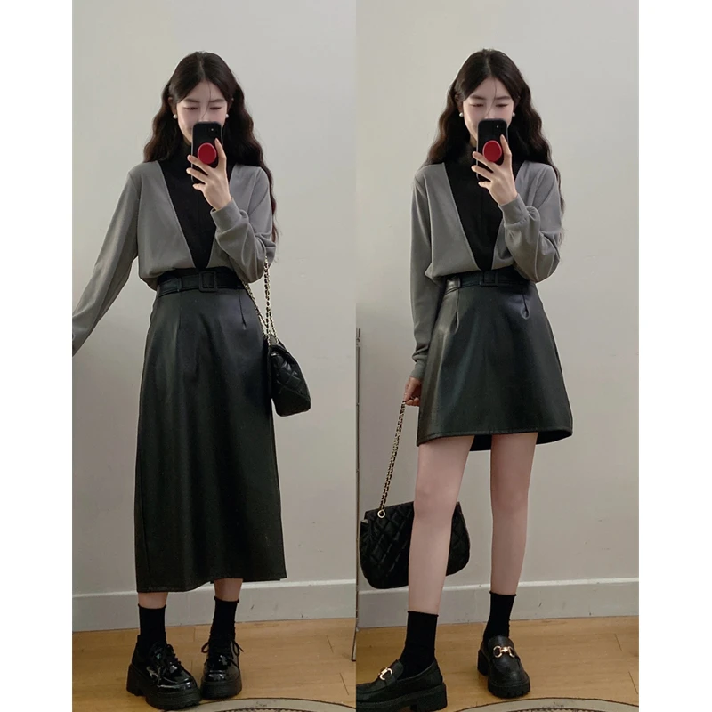 大码春秋新款黑灰腔调撞色高级感叠穿百搭针织衫长短皮裙气质穿搭