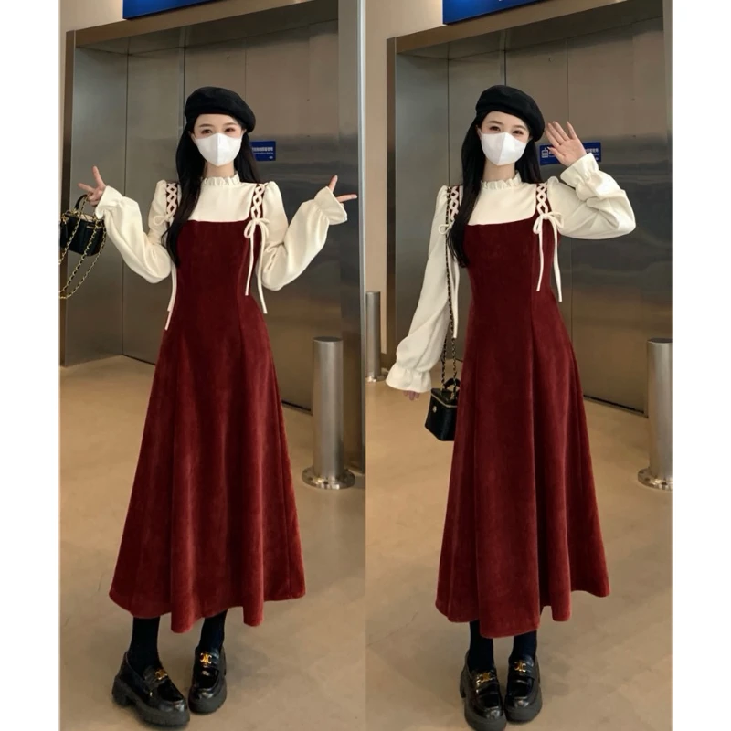 大码2024年新款秋冬法式复古假两件木耳边领连衣裙气质显瘦长裙
