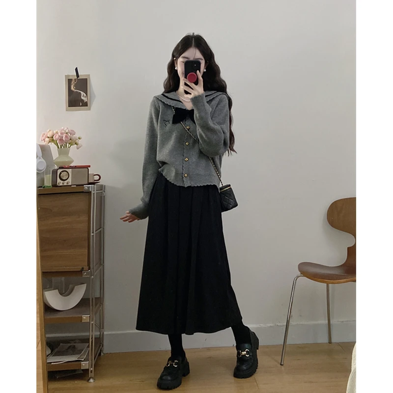 大码学院风针织开衫外套海军领蝴蝶结毛衣百褶半身裙减龄法式穿搭