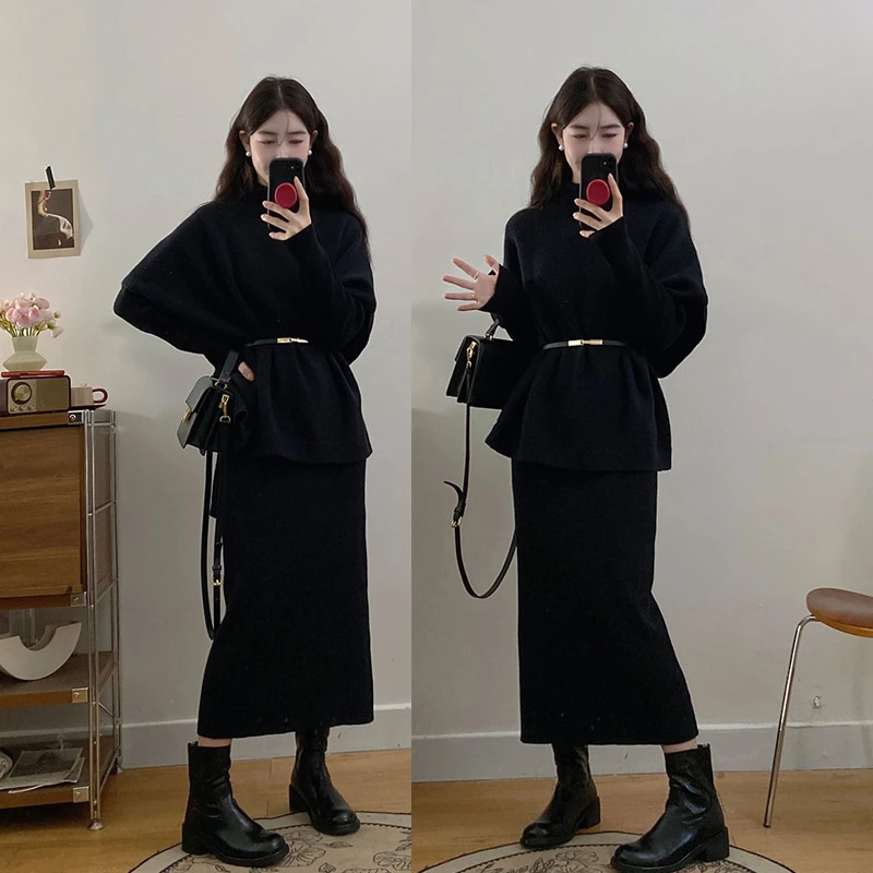 大码赫本风黑色针织上衣连衣裙2025春秋新款茶系显瘦高级感穿搭