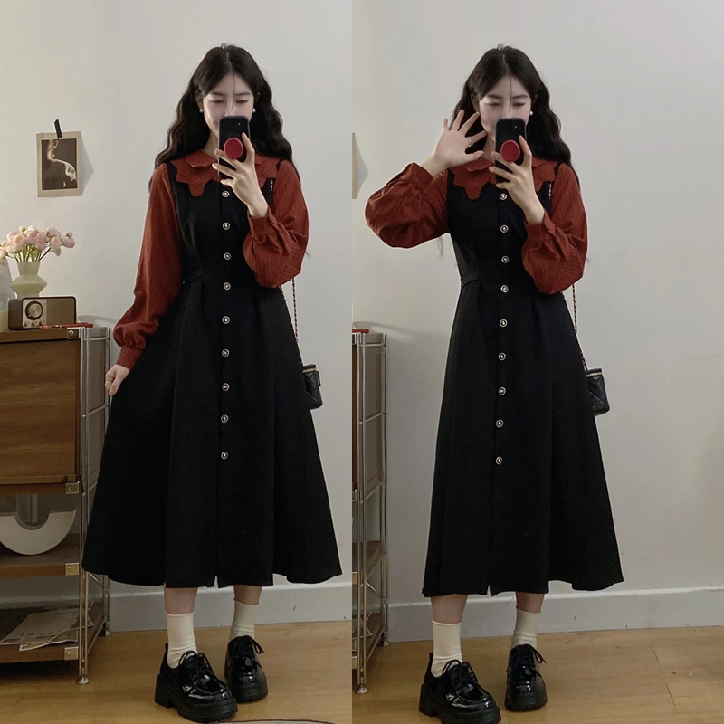大码冬季法式复古娃娃领学院风假两件磨毛灯芯绒气质显瘦连衣裙