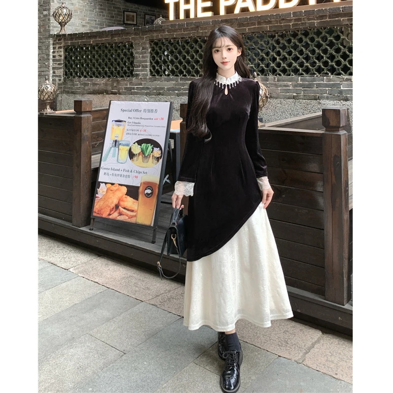 大码2024秋冬新款胖mm新中式国风复古气质旗袍显瘦设计连衣裙子女