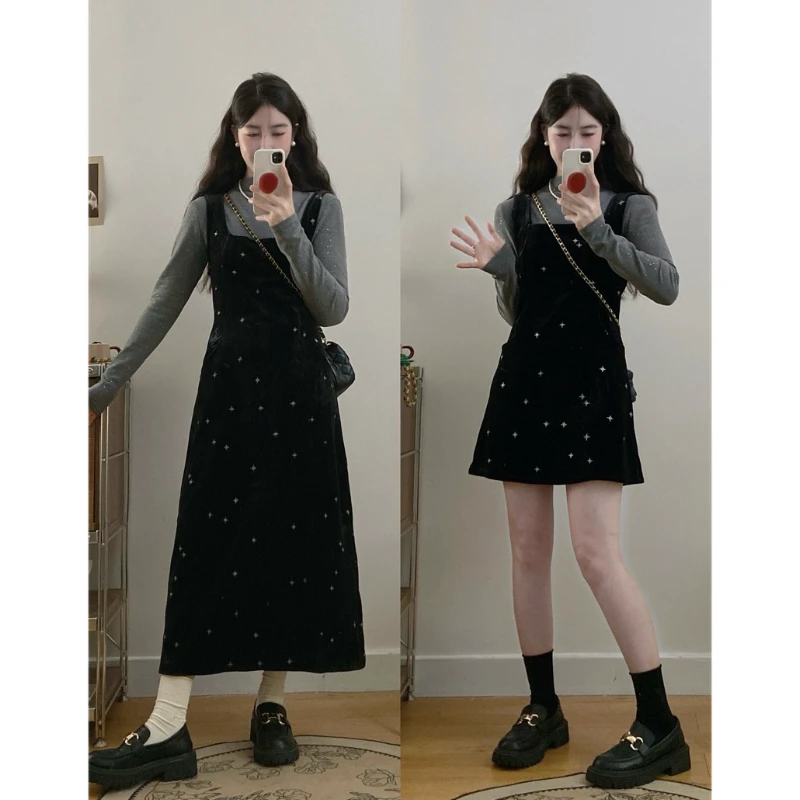 大码气质小香风丝绒细闪吊带裙秋冬法式高端精致内搭长短款连衣裙