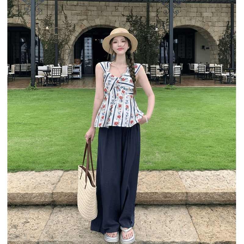 大码女装2024夏季新款复古碎花无袖衬衫女高腰垂感阔腿休闲裤套装