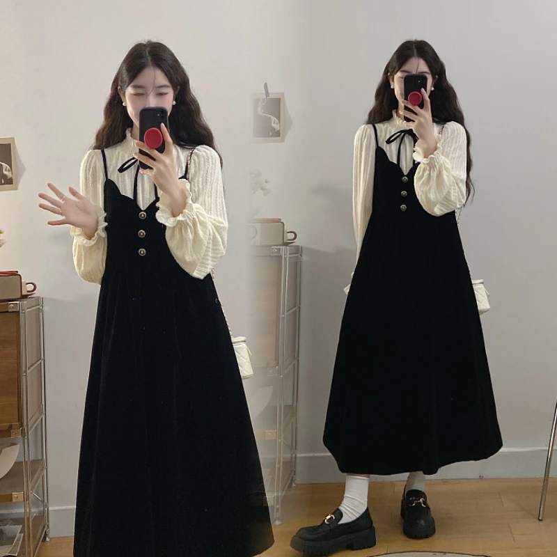 大码秋冬新款丝绒吊带连衣裙长袖蕾丝打底衫两件套赫本风套装裙