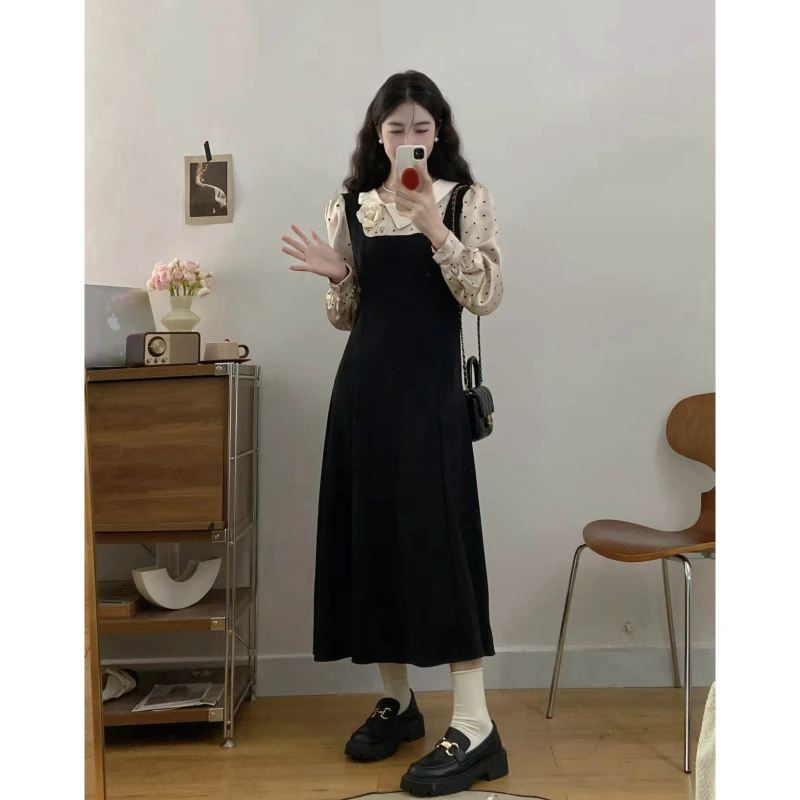 大码秋季新款复古法式波点撞色假两件连衣裙显瘦赫本风洋气小黑裙
