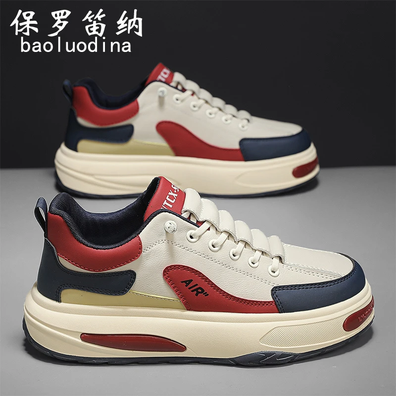 保罗笛纳男鞋冬季百搭休闲皮面运动鞋男士一脚蹬增高板鞋老爹鞋男
