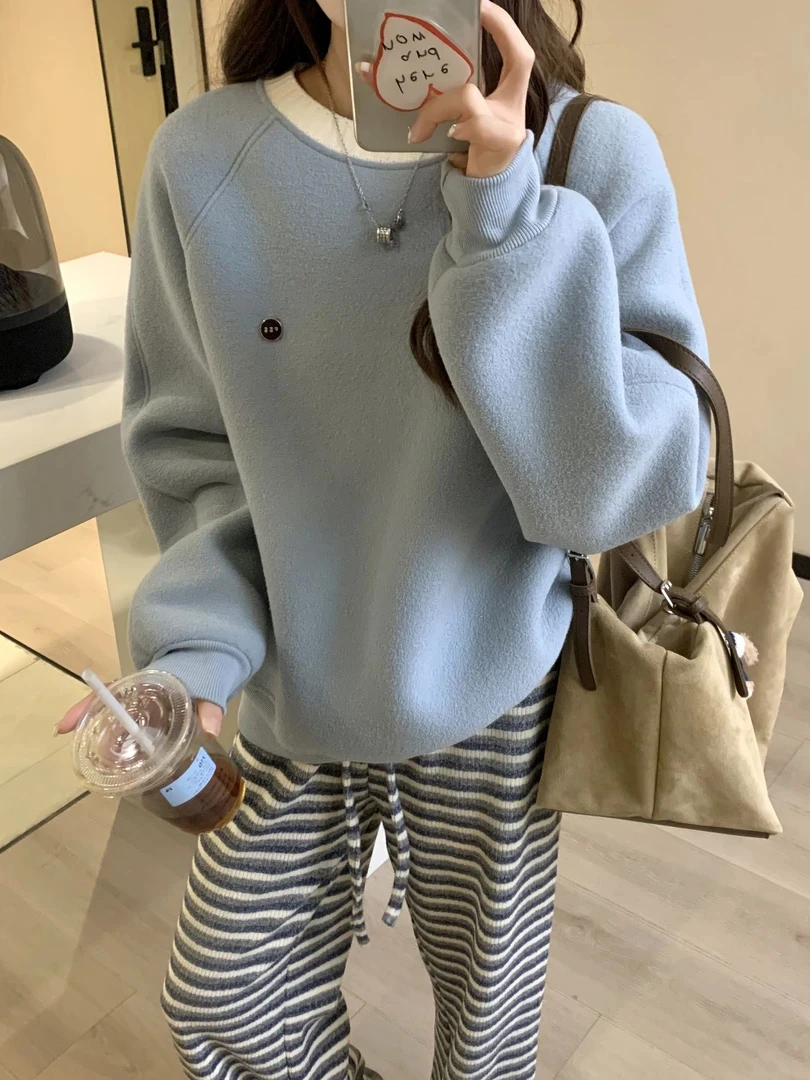 加绒加厚韩系简约时尚宽松长袖休闲黑色百搭纯色卫衣女装4085