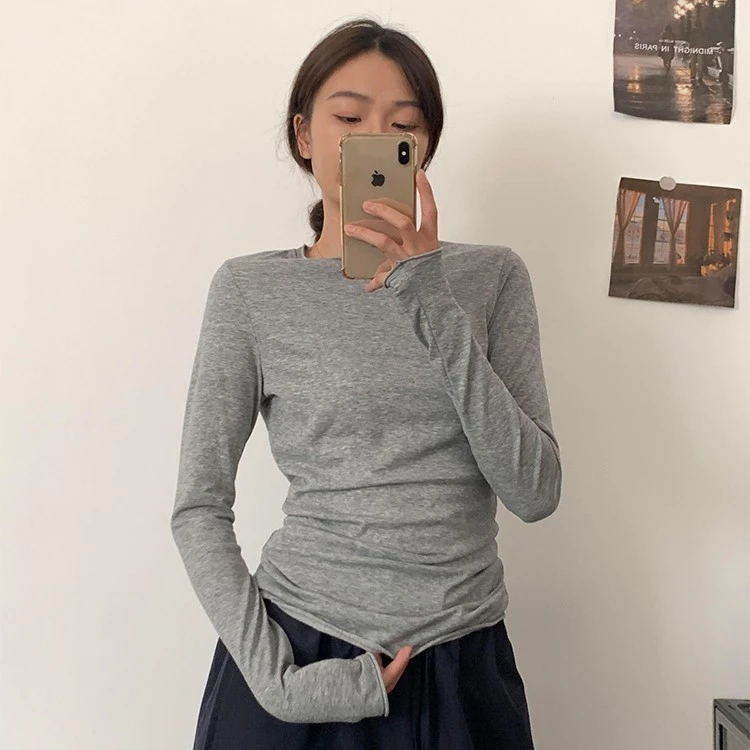早秋新款修身收腰显瘦简约长袖T恤打底衫基础春季上衣