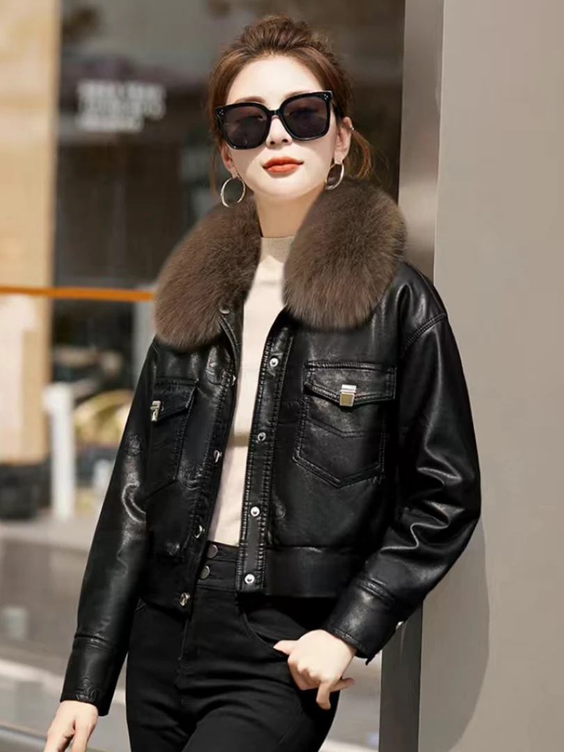 女装皮衣女冬季短款加绒外套时尚女士黑色修身韩版以直播间为准