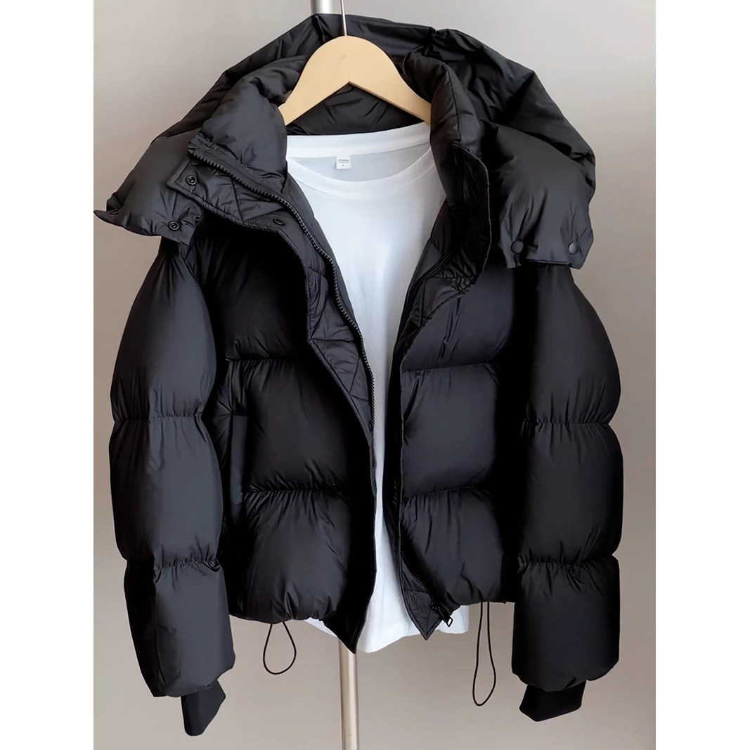 高级感超好看黑色连帽短款羽绒服女冬季新款洋气保暖面包服外套潮