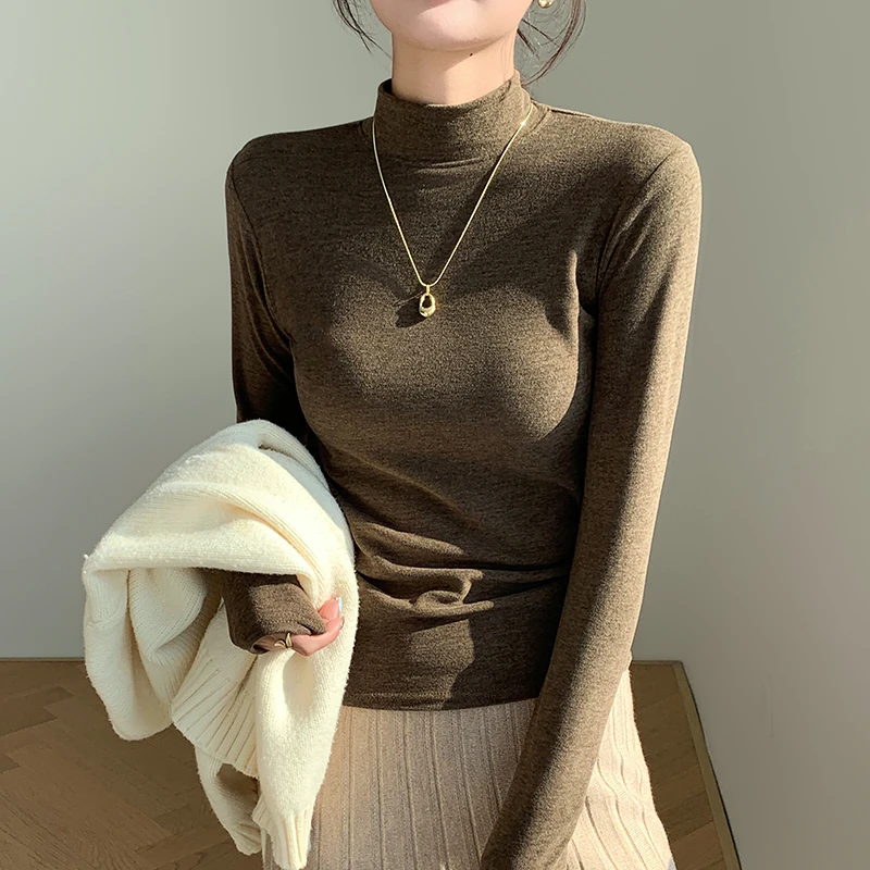 醉梓菡小立领加绒打底衫女2025秋冬新款保暖修身显瘦洋气T恤上衣