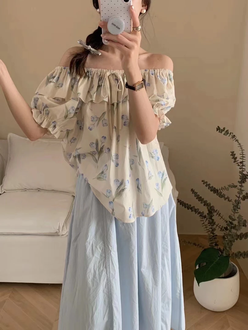 2024夏款法式时尚韩版小众方领泡泡袖荷叶边特色上衣