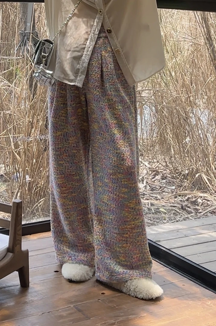 NXJ 【大儿童】微胖大码 彩色圈圈毛编织纹阔裤长裤 240838白