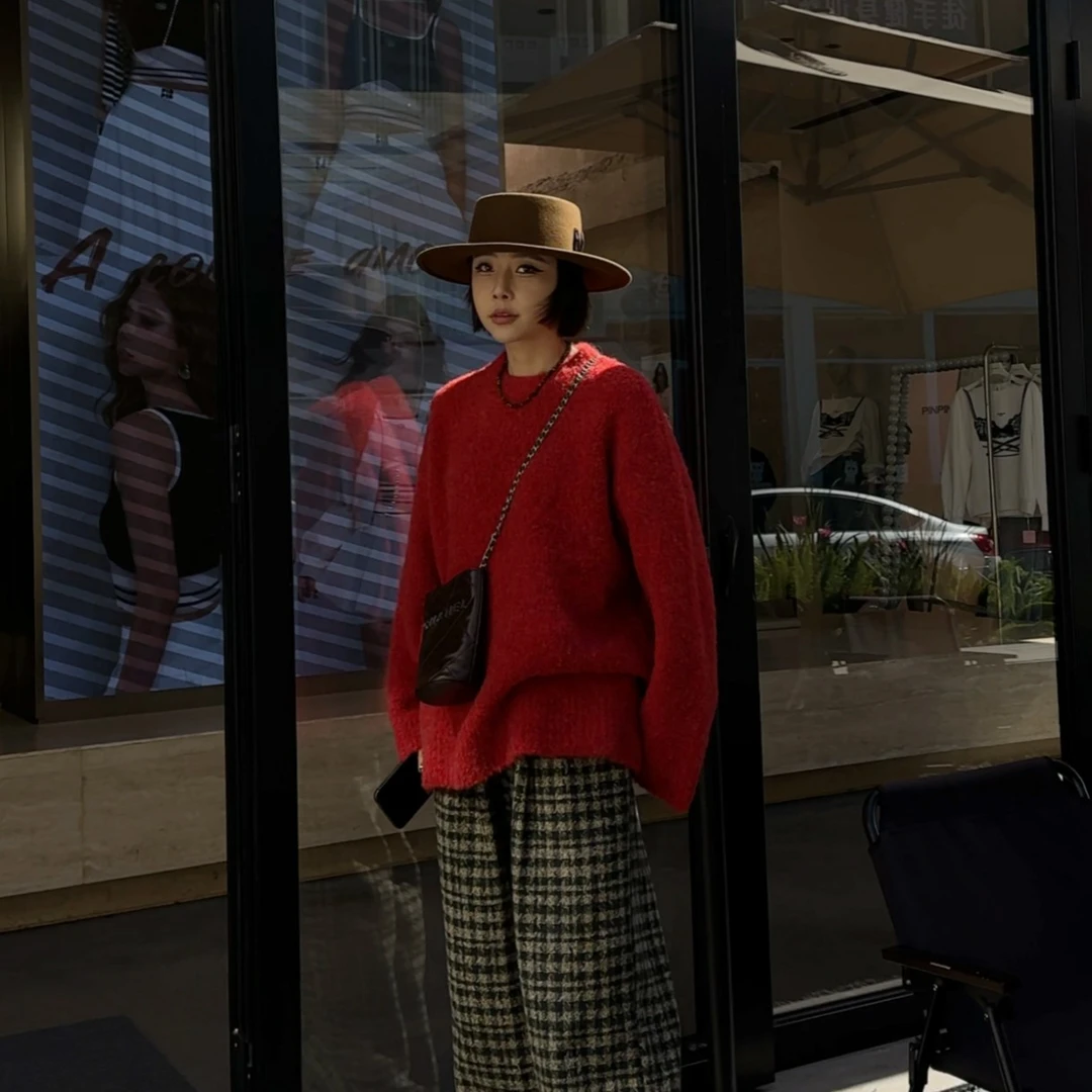 NXJ 【圣诞限定】微胖大码 意大利粗棒圈圈羊毛套头毛衣 红 241130