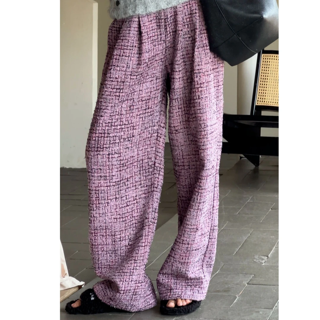 NXJ 【紫罗兰】微胖大码 小香粗花呢彩色编织纹阔腿裤长裤 240901