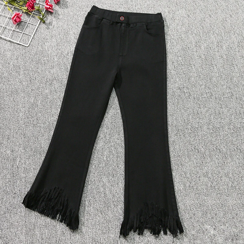 2025新款松紧大码女裤子弹力显瘦休闲七分裤女夏季黑色胖mm微喇裤