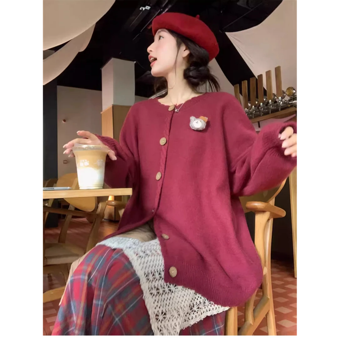 小众宽松红色毛衣外套女秋季不规则拼接格纹半身裙两件套T-034