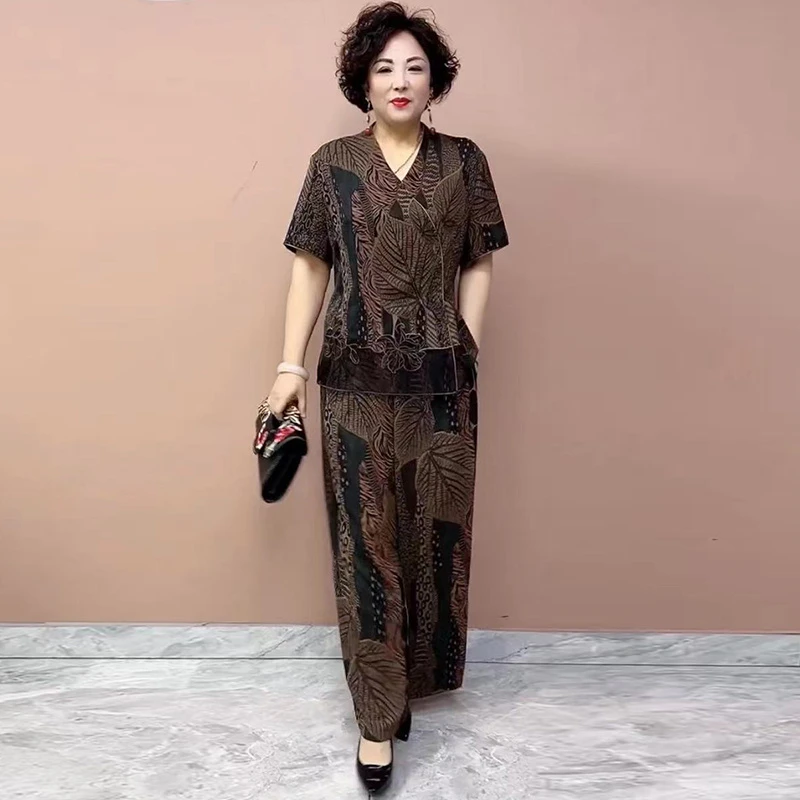 H夏季爆款洋气妈妈装宽松加大码显瘦减龄短款上衣高腰阔腿两件套