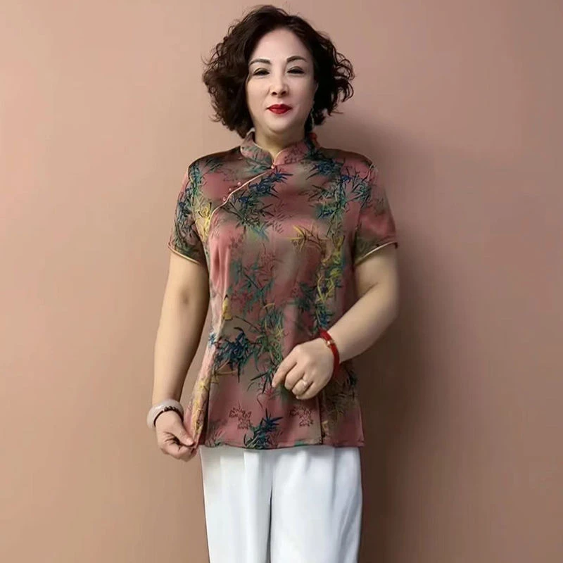 H夏装爆款高档桑蚕丝小衫大码气质中老年妈妈装上衣国风洋气时尚