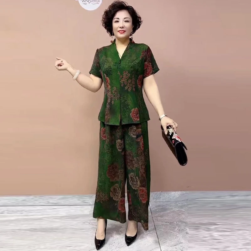 H夏季爆款时尚两件套中老年妈妈装气质V领上衣搭配高腰阔腿裤套装