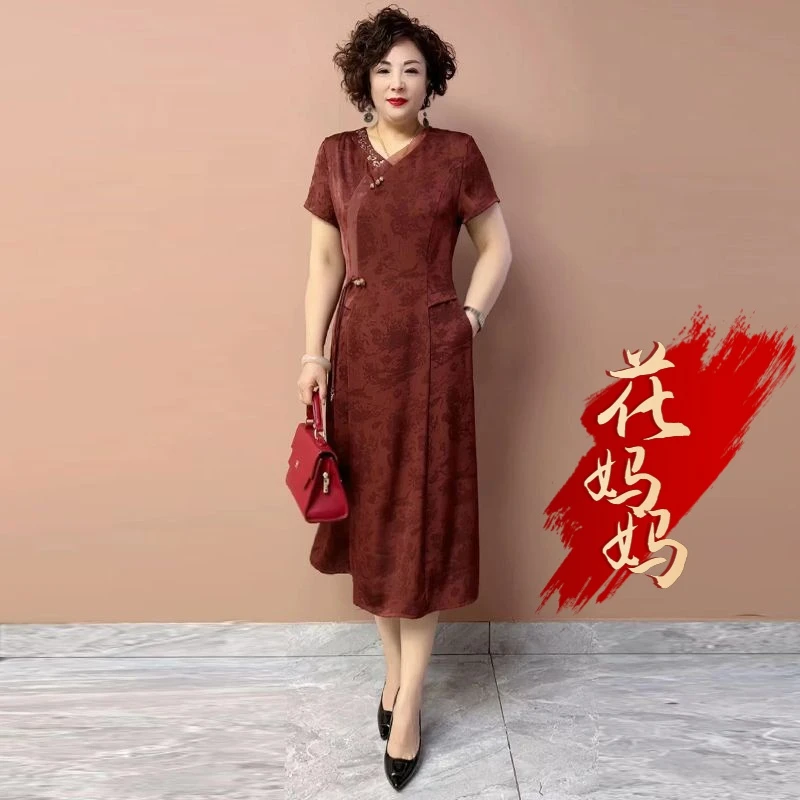 H夏季经典高档丝质复古连衣裙新国风中老年女装中长款收腰裙子