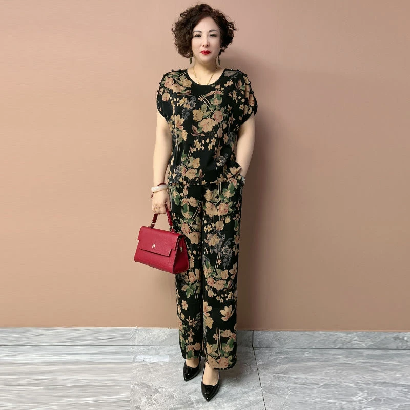 H夏季爆款短袖桑蚕丝两件套时尚宽松遮肉碎花中老年妈妈国风套装