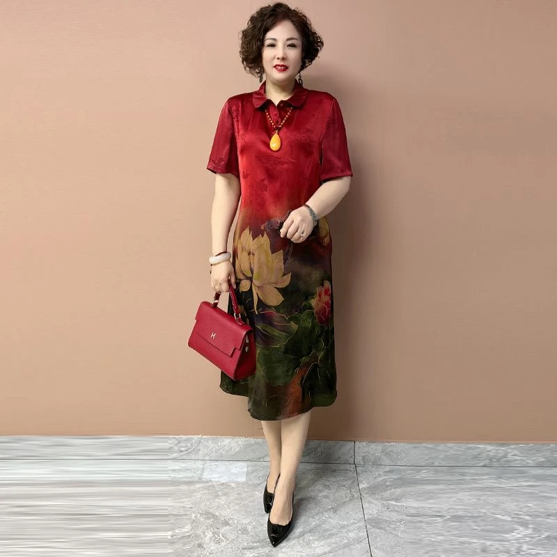 H夏季经典高档桑蚕丝连衣裙中老年妈妈装宽松遮肉时尚减龄裙子