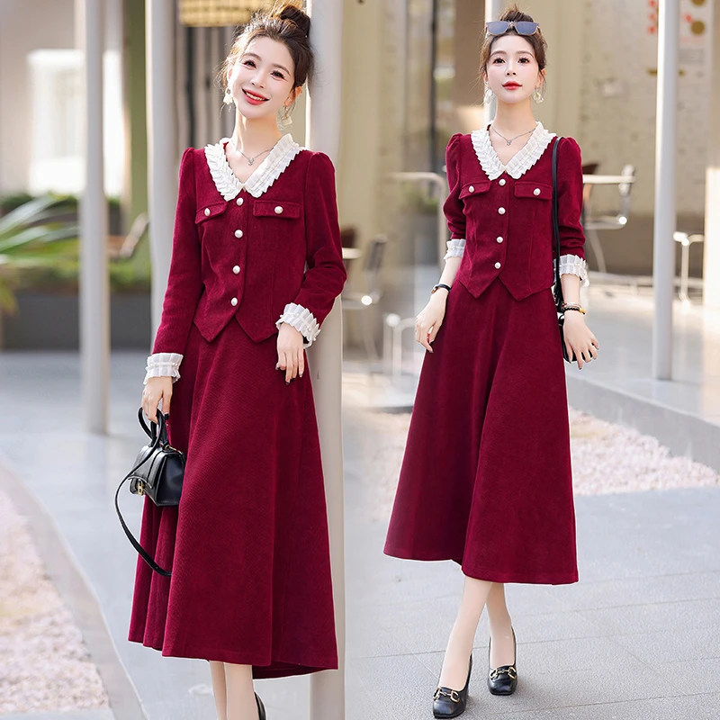 2025年春秋新款花边上衣半身大摆裙两件套装女小香风减龄显瘦气质