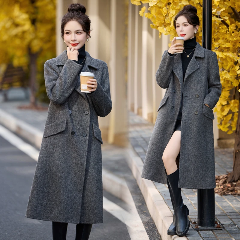 2024冬季时尚双面羊毛呢大衣女士气质中长款显瘦加厚过膝韩版宽松