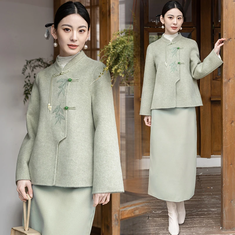 2025秋冬复古新中式双面毛呢盘扣立领汉服半身裙套装显瘦气质休闲