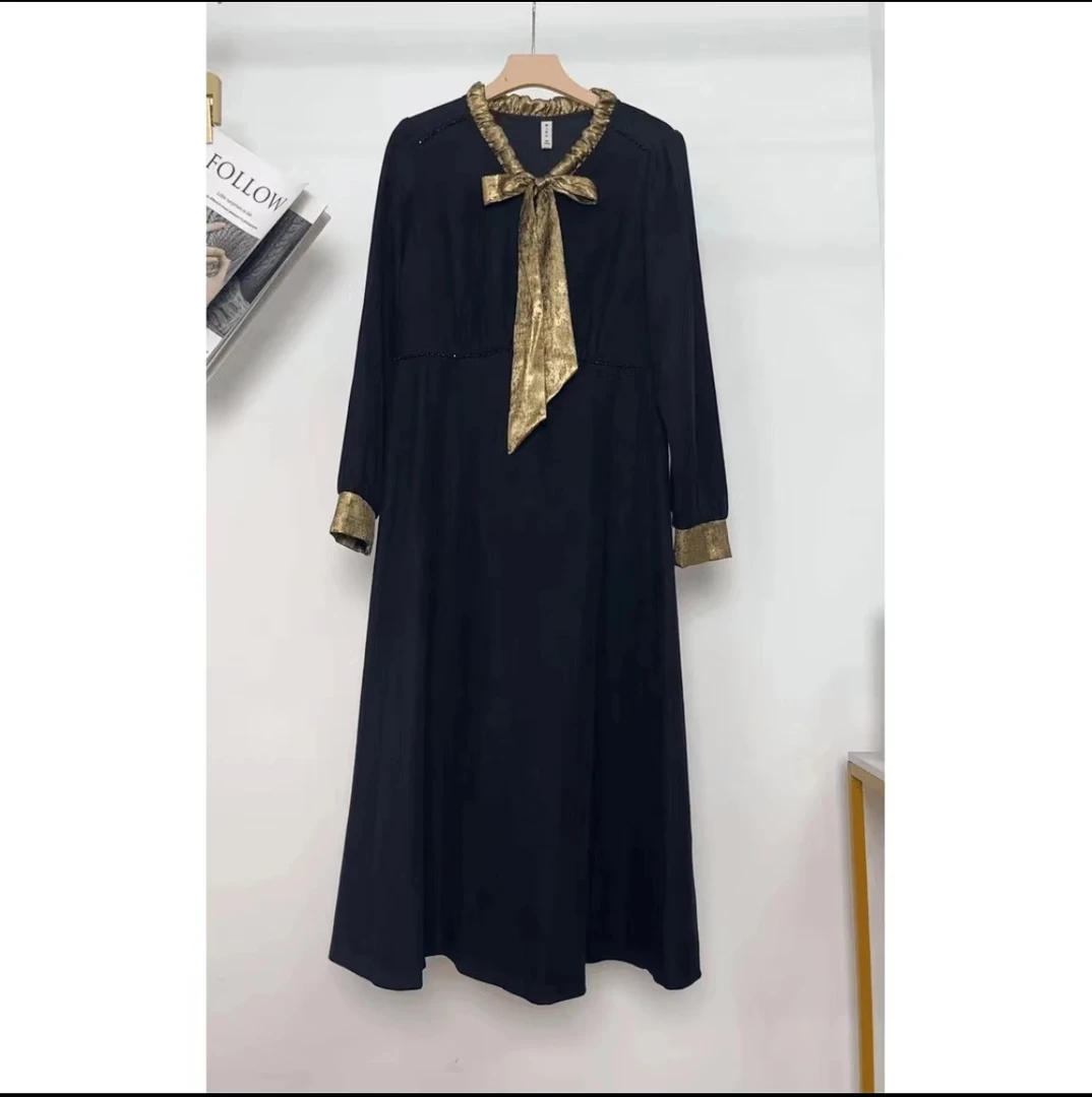 J048黑色连衣裙中长款飘带优雅显瘦A子裙洋气减龄