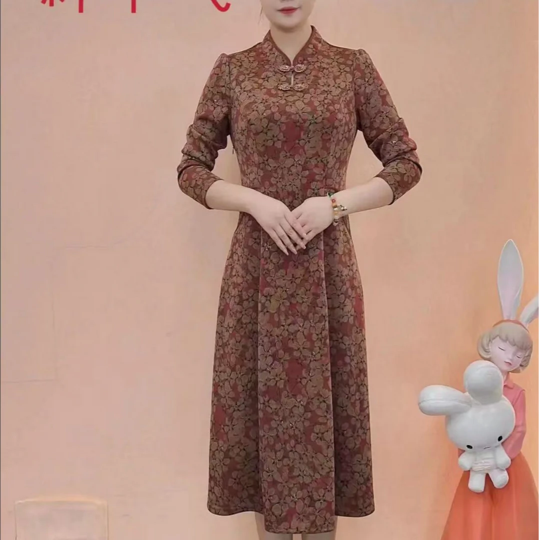 JQ105复古秋冬厚款国风刺绣高贵中长款连衣裙