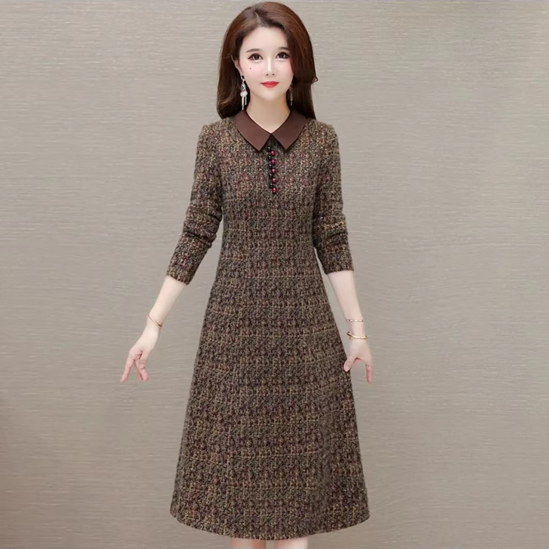 JQ122国风加绒加厚秋冬中长款连衣裙显瘦妈妈装