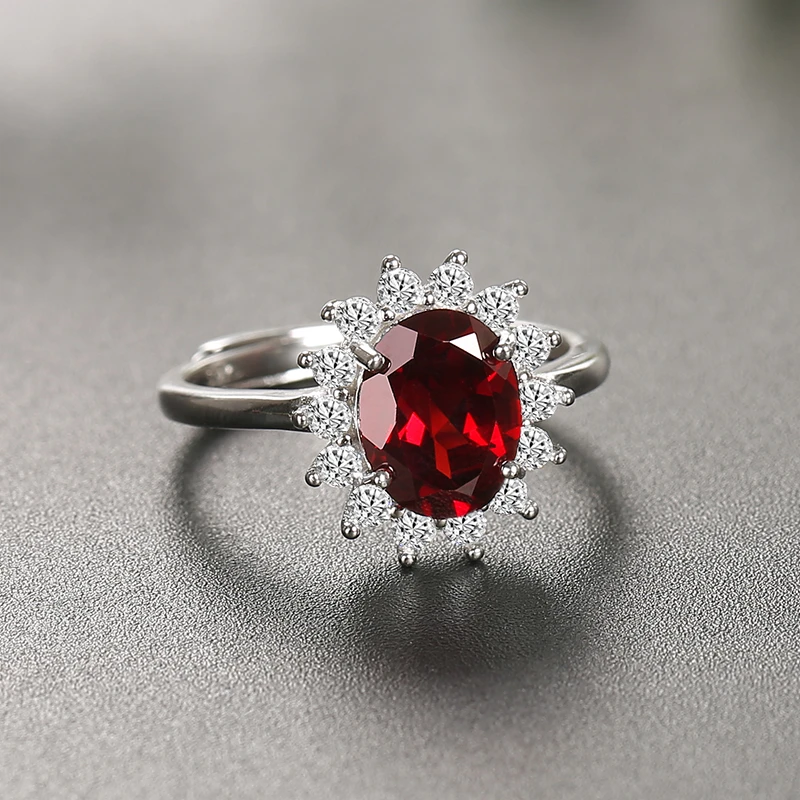 天然石榴石戒指S925纯银镶嵌鸽血酒红女人石戴妃款2025新款红宝石
