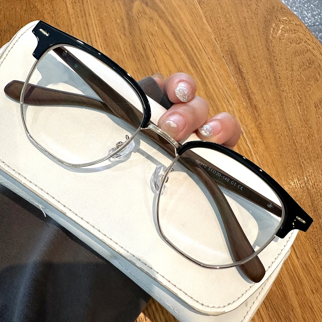 复古眉形半框眼镜框男仿木纹网红潮流黑框近视变色变色近视眼镜