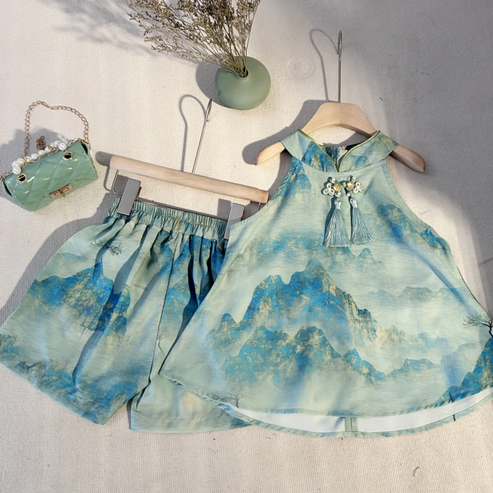 女童宝宝夏季新款露肩复古套装国风时尚无袖套装2023女宝宝休闲风