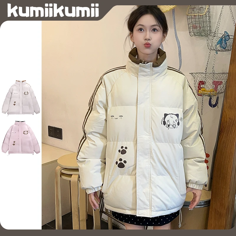 冬季宽松美式复古小猫印花三条杠条纹立领面包服棉服外套#T013285