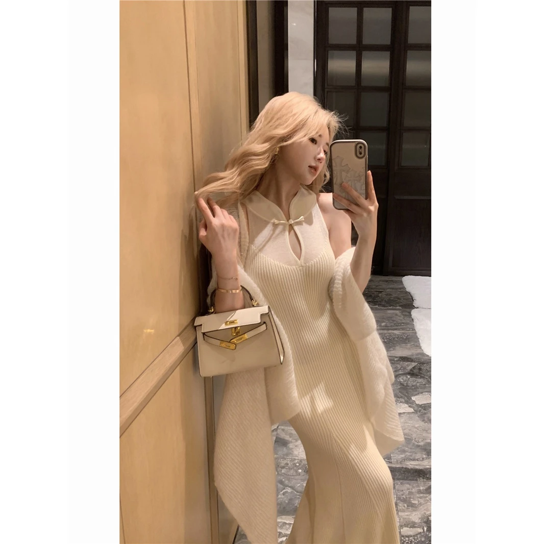 显瘦收腰秋装慵懒风披肩开衫+性感旗袍裙鱼尾针织连衣裙长裙女