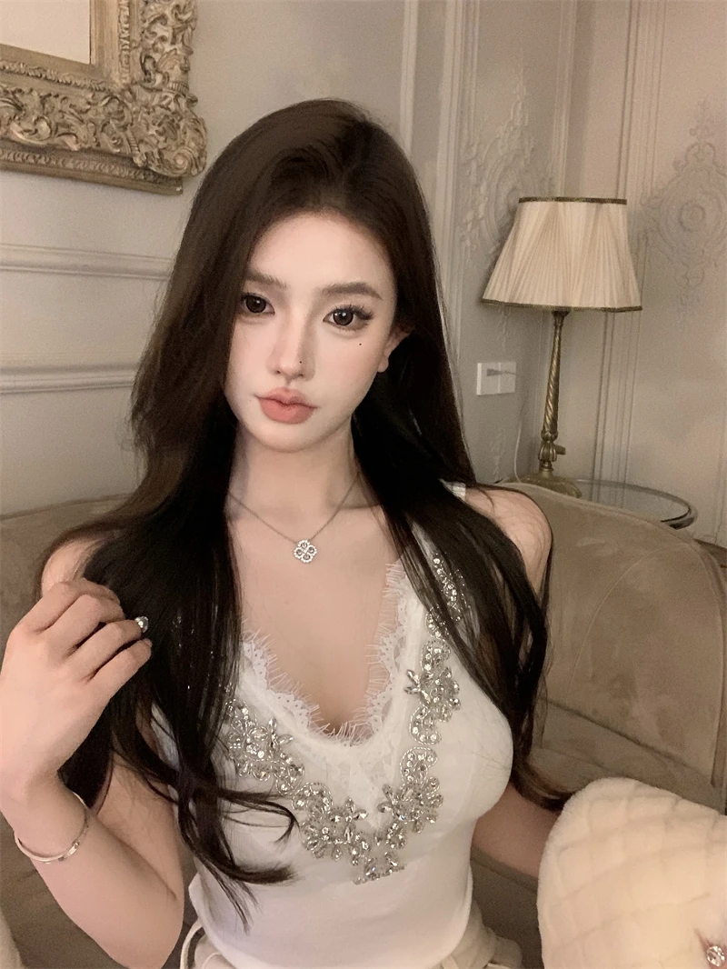 重工水钻蕾丝拼接外穿背心性感夏季无袖打底吊带V领修身内搭上衣