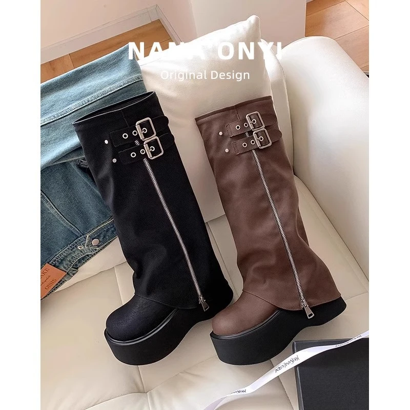 2025牛皮版~厚底裤管靴女新款套筒胖mm粗腿骑士靴皮带扣增高长靴